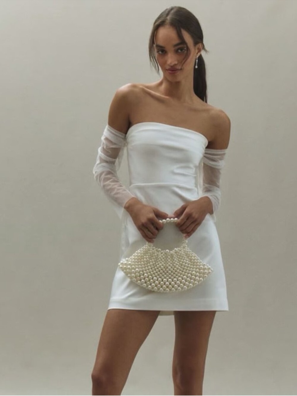 BHLDN Off-The-Shoulder Tulle-Sleeve Satin Mini Dress